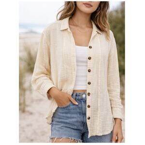 Free People XS Cream Gauze Button Front Shirt 100% Cotton Boho Cottagecore